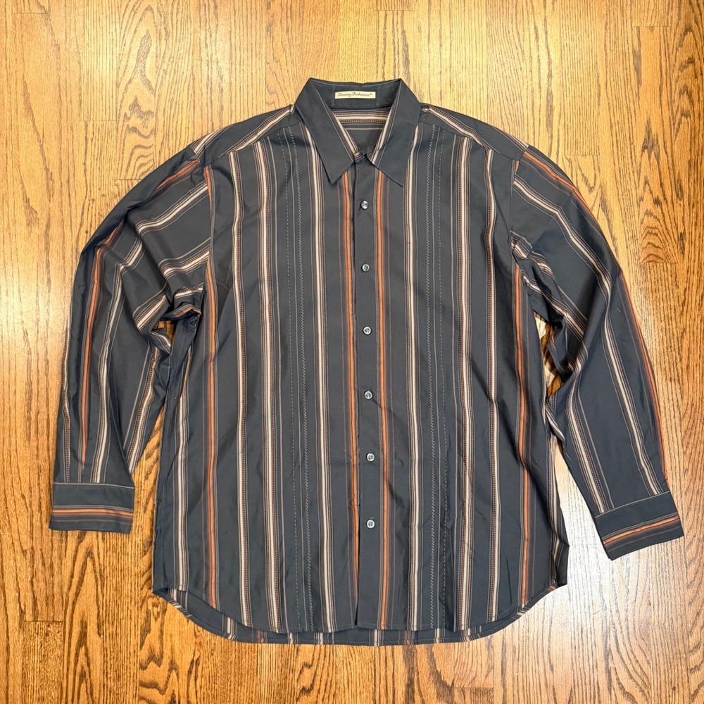 Tommy Bahama Silk Cotton Striped Button Down Shirt Large Brown Orange 83-T32195